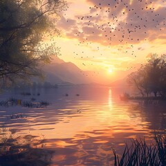 Poster - Serene Sunset Reflection over a Tranquil Lakeside Landscape with Silhouetted Trees