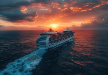 Wall Mural - Cruise ship in the ocean at sunset, beautiful sky and calm sea with cruise ship sailing on blue water of the Caribbean or Pacific Ocean. A grand Princess luxury 