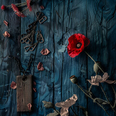 Wall Mural - Memorial Day theme with blue vintage wood, poppy, and soldier's tags.