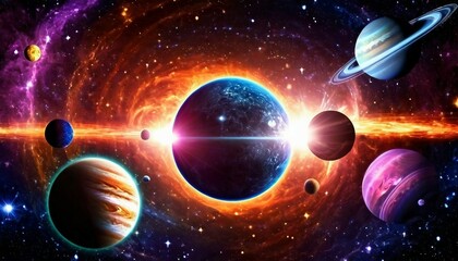 Wall Mural - Abstract celestial alignment background with planets and celestial bodies in motion.