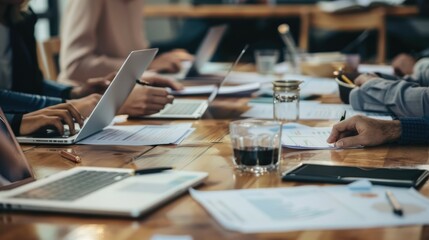 A conference room table cluttered with papers and laptops. A diverse team of executives brainstorm ideas, their faces filled with a mix of curiosity and urgency.