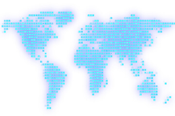 Poster - Stylized pixelated world map in shades of cyan and blue on a white background, portraying a digital concept
