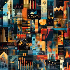 Poster - abstract collage of famous market indices logos