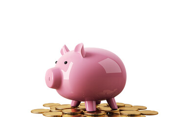 Poster - A pink piggy bank on top of gold coins, isolated on a white background, representing savings and investment