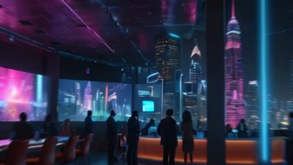 nighttime digital cityscape: metropolis glowing with neon lights, enhanced by artificial intelligenc