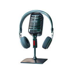 Poster - A vintage microphone with attached headphones depicted in a stylized illustration, set against a white background, evoking a concept of audio recording or broadcasting