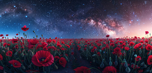 Starry night sky over a poppy tapestry in a surreal Memorial Day landscape.