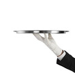 © Who is Danny - A butler's hand in white gloves presenting an empty silver tray, isolated on a white background, clean service concept