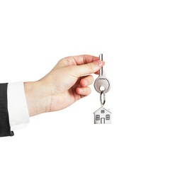 Aufkleber - A hand holding a key with a house-shaped keychain, isolated on a white background, symbolizing home ownership
