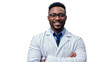 © ARTMAXX - Portrait of a smiling smart and confident black male pharmacist working in a pharmacy. Wearing Lab Coat and Glasses Standing with arms crossed in PNG transparent background