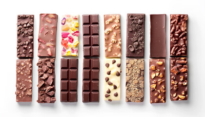 Wall Mural - Collage with tasty different chocolate bars on white background, top view