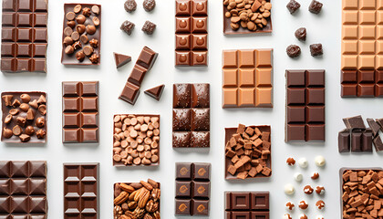 Wall Mural - Collage with tasty different chocolate bars on white background, top view