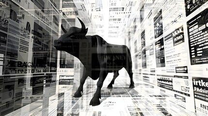 Poster - silhouette of charging bull against blurred digital background