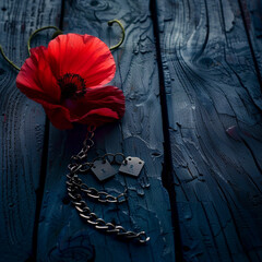 Wall Mural - Memorial Day scene red poppy and dog tags on a dark blue weathered wood table.