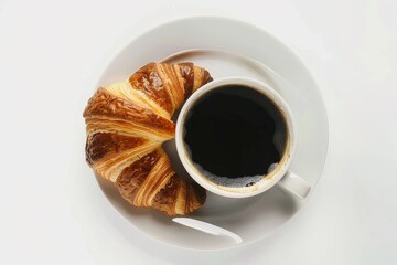 Black Coffee and croissant on white background