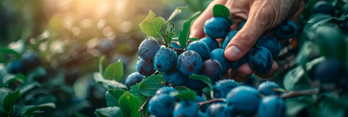 Wall Mural - Sunlit Blue Plums on Tree Branch in Orchard