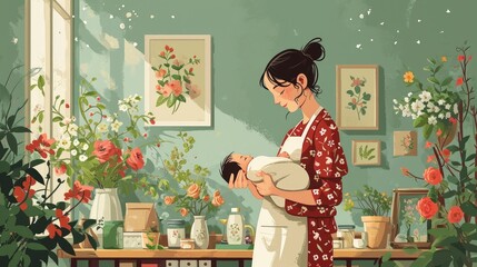 illustration of a woman taking care of a newborn baby designed using a modern flat design style, flat vector illustration