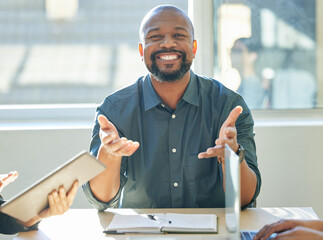 Poster - Business, black man and happy with welcome in office on portrait for career or job growth and opportunity as project manager. Ceo, boss and smile or proud with teamwork and collaboration in boardroom