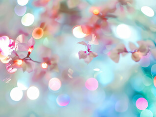 Poster - Pastel Pink Blossoms in Dreamy Blue Background - Springtime Celebration Banner with copy space text, perfect for seasonal events and floral enthusiasts.