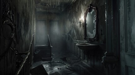 Wall Mural - Gloomy abandoned mansion interior with a haunted mirror