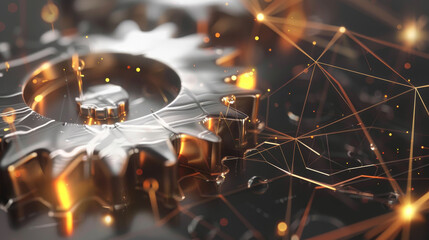 Fototapete - A gold gear is surrounded by a network of lines