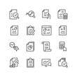 © Tatiana - Auditing and Financial Analytics, linear style icon set. Reviewing account documents, taxation reports and analytical documentation. Examining economic data. Editable stroke width