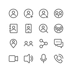 communication and interaction, linear style icon set. user interface visuals for connecting and enga