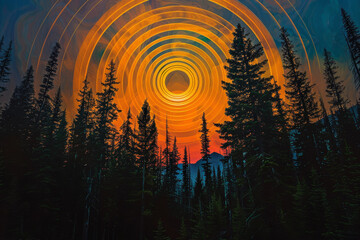 Wall Mural - A painting of a forest with a large orange sun in the center