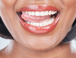 Woman, mouth and teeth with red lipstick for dental hygiene, cosmetics or makeup on a white studio background. Closeup of female person or model with big smile for tooth whitening, oral or tongue