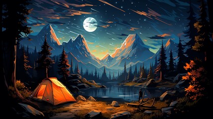 serene forest camping scene with a tent under the starry sky, perfect for outdoor enthusiasts