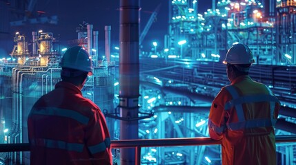 Two engineers in hard hats looking out over an oil refinery at night high voltage production plant Power plants, nuclear reactors, energy industries
