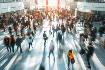 Dynamic bustling crowd of people walking around a convention hall at a tech conference or expo 