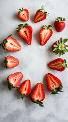 Wall Mural - a delicate arrangement of strawberries cut in half, arranged in a circle with the tips pointing outw