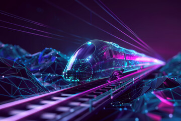 Poster - A train is traveling down a track with mountains in the background