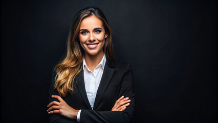 Confident businesswoman with black hair in a professional suit smiling in a studio portrait