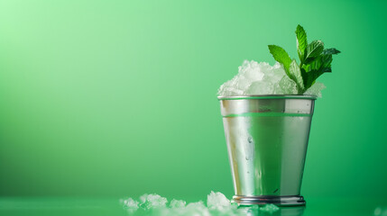 Sticker - A minimalist shot of a classic mint julep in a silver cup, frosty from the crushed ice, set against a fresh green gradient background 