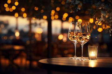 Glass of white wine on a wooden table in a restaurant at sunset