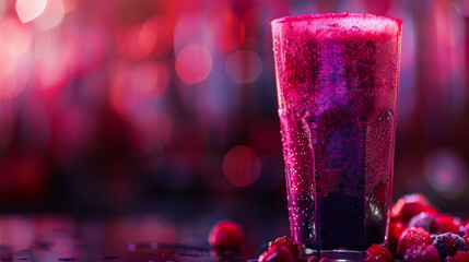 Poster - A vibrant glass of berry smoothie, layers of red and purple visible, set against a berry-colored blurred background 