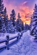 Winter Wonderland at Twilight With Fresh Snow Covering a Forest Path