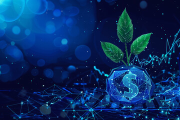 Poster - A blue background with a dollar sign and a stack of coins