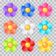 Colorful realistic 3d daisy flowers set. Vector glossy plastic plants design elements collection. Multicolored chamomile floral icons shape, isolated on transparent background