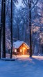 Snow-Covered Cabin Illuminated at Dusk in a Serene Winter Forest