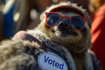  The elections. Sloth in sunglasses and voted badge, sporting electric blue goggles. Generative AI