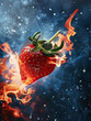 mouth watering strawberry beautifully falling into fire