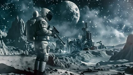 Wall Mural - Astronaut on Lunar Surface with Space Colony with Ai generated.
