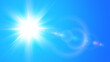 © Cobalt - Sunny background, sun with lens flare on blue sky, hot weather concept, summer background illustration.