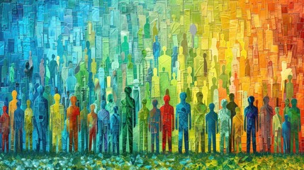 A painting of a crowd of people in various colors