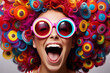 glamorous portrait of a woman with glasses, bright multicolored hair, with emotions and expression