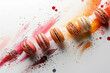 Colored macarons in a row on white background with chaotic paint stains, view from above