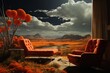 red sofa in front of dark dramatic landscape, summer season, lake and sky, horizon over plain